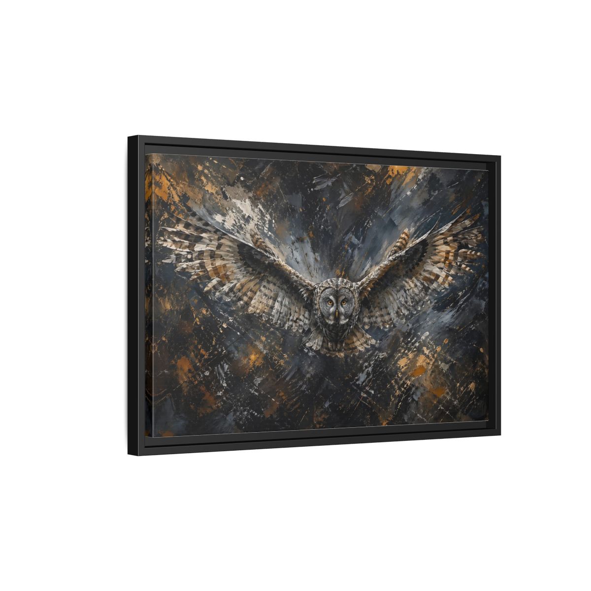 Side Mockup 3. Birds Owl Textured Owl Art shown as stretched canvas wall art