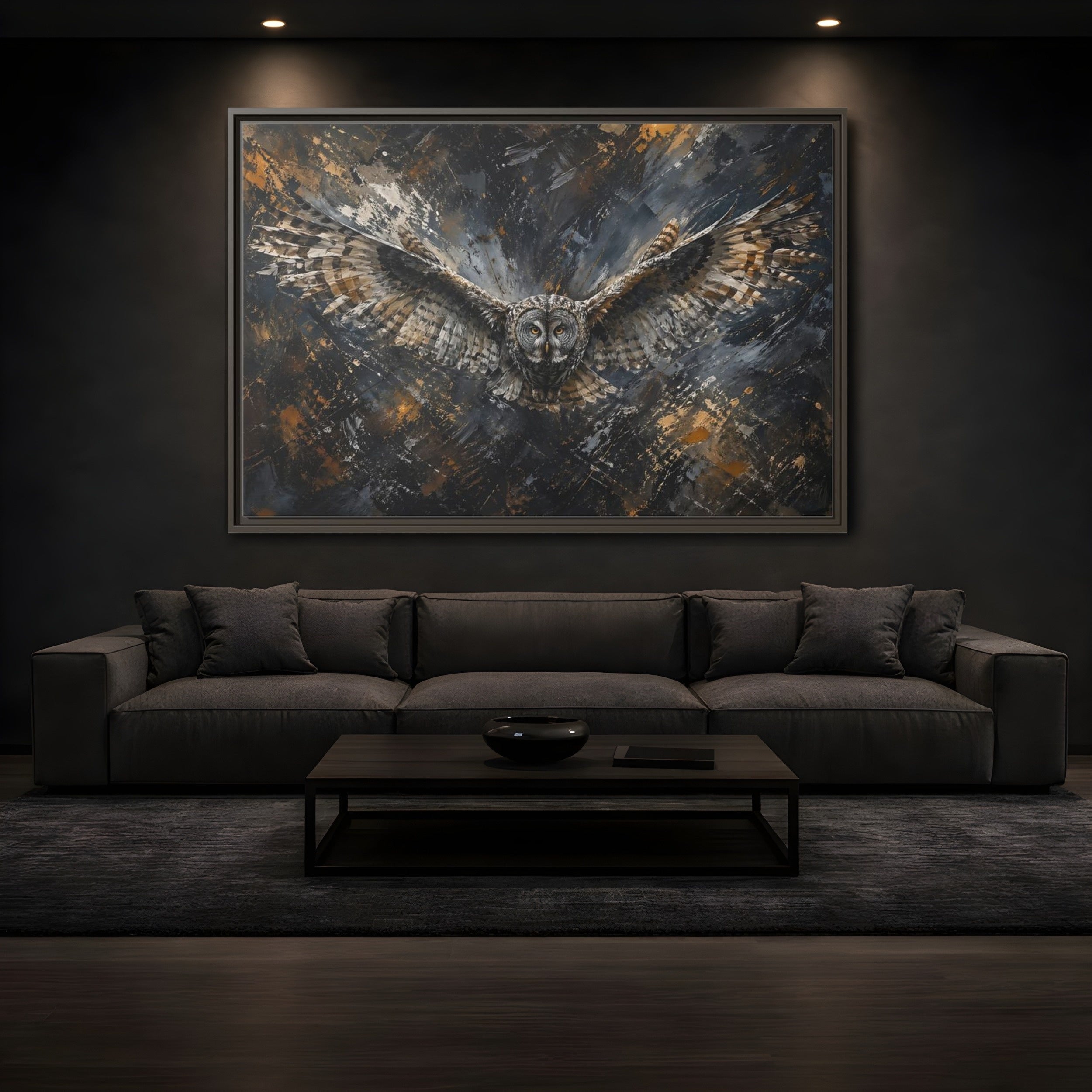 Mockup 3. Birds Owl Textured Owl Art shown as stretched canvas wall art