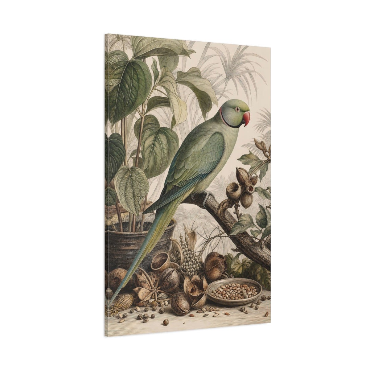 Side Mockup 1. Birds Parrot Green Parrot shown as stretched canvas wall art