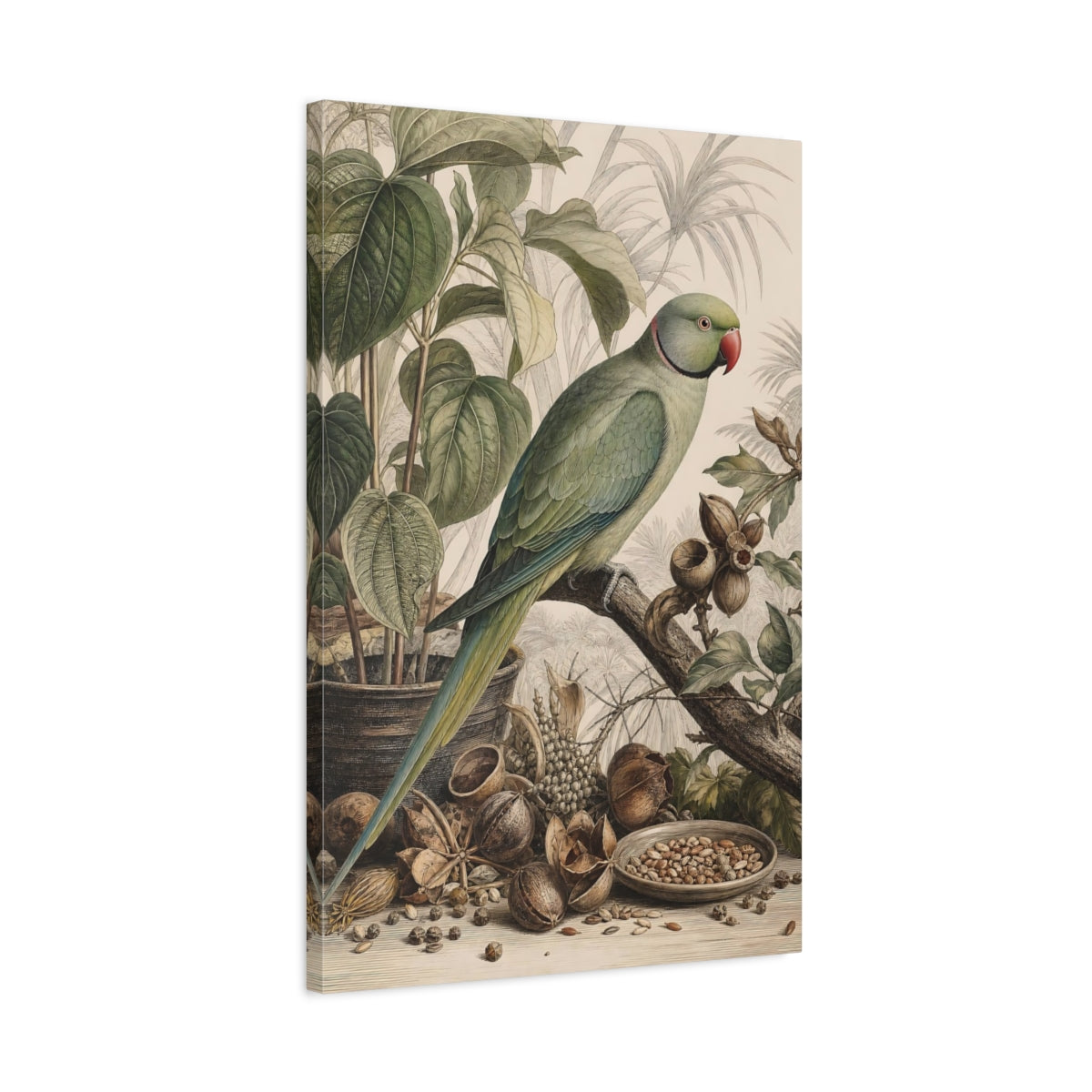 Side Mockup 2. Birds Parrot Green Parrot shown as stretched canvas wall art