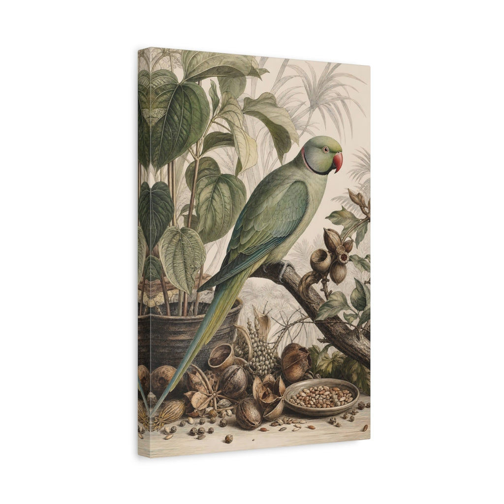 Side Mockup 4. Birds Parrot Green Parrot shown as stretched canvas wall art