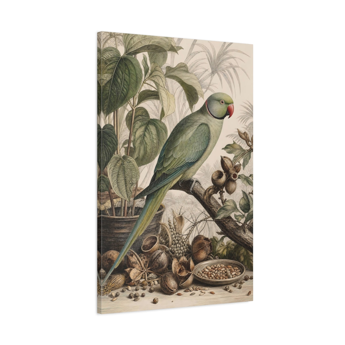 Main Mockup. Birds Parrot Green Parrot shown as stretched canvas wall art