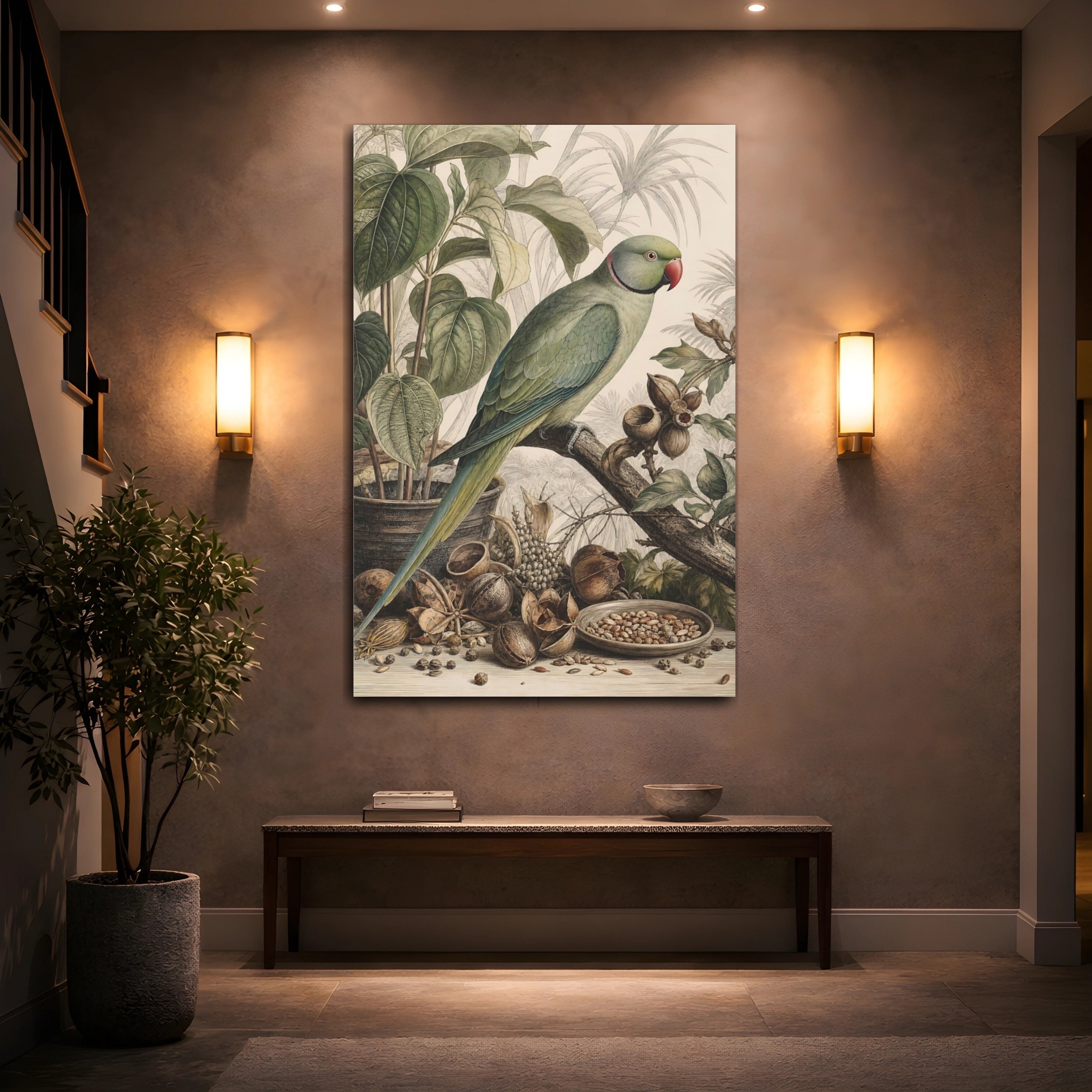 Mockup 2. Birds Parrot Green Parrot shown as stretched canvas wall art