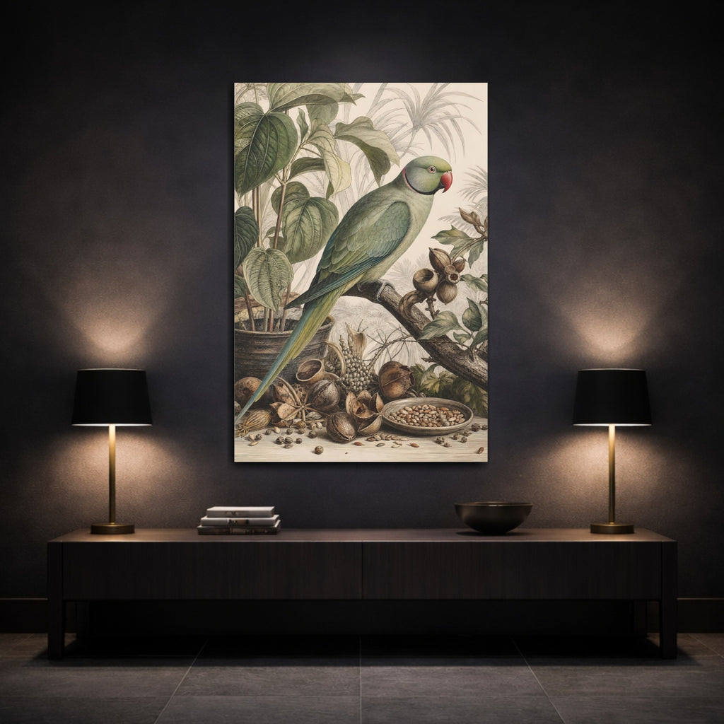 Mockup 3. Birds Parrot Green Parrot shown as stretched canvas wall art