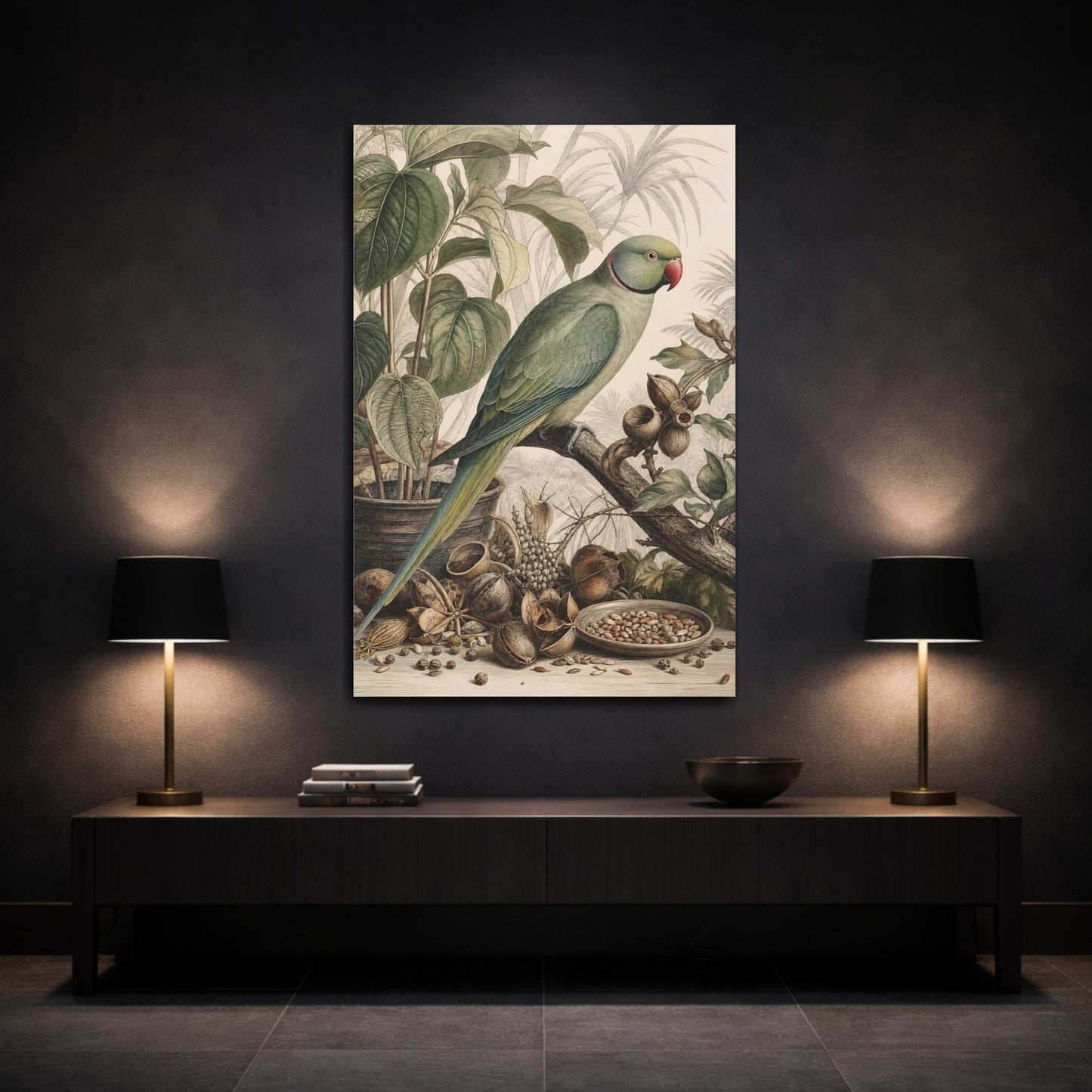 Mockup 3. Birds Parrot Green Parrot shown as stretched canvas wall art