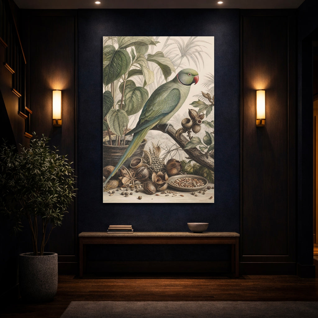 Mockup 4. Birds Parrot Green Parrot shown as stretched canvas wall art