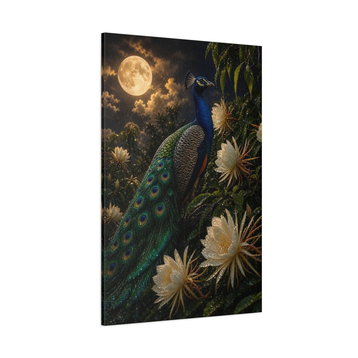 Side Mockup 1. Birds Peacock Peacock Blue And Green shown as stretched canvas wall art