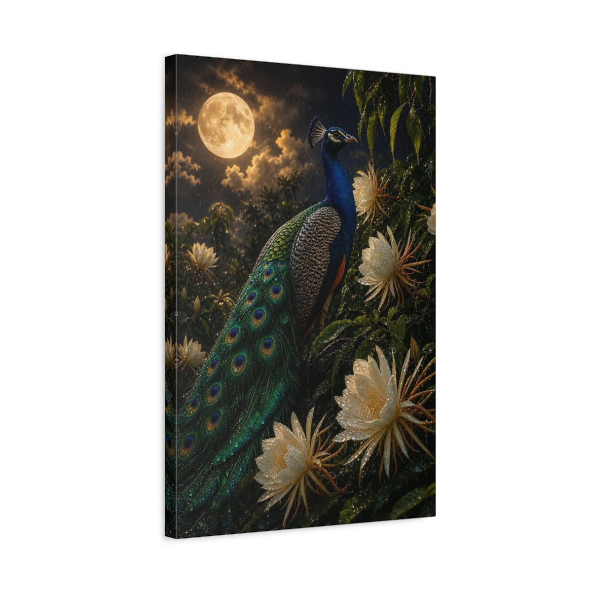 Side Mockup 3. Birds Peacock Peacock Blue And Green shown as stretched canvas wall art