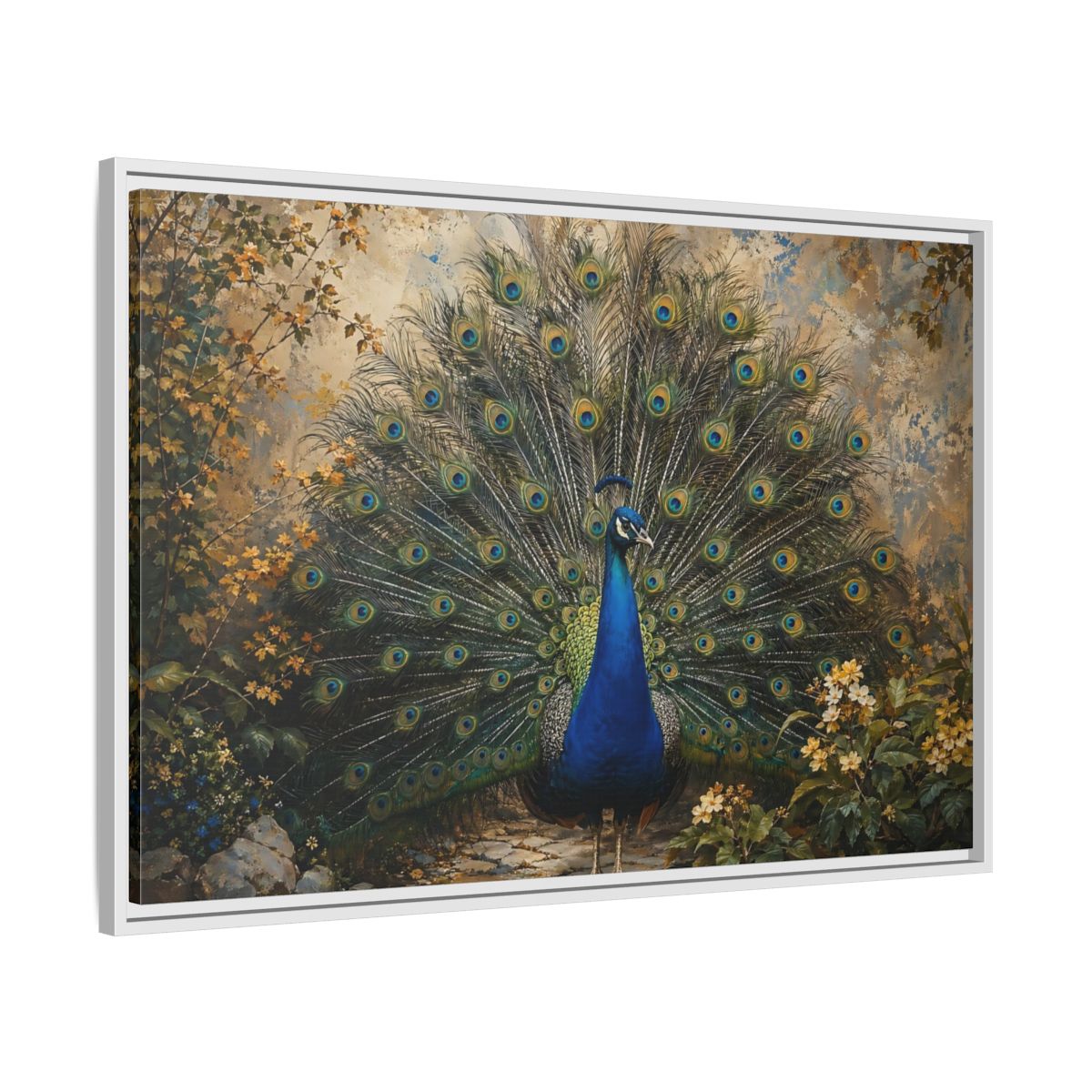 Side Mockup 9. Birds Peacock Peacock Blue Gold shown as stretched canvas wall art