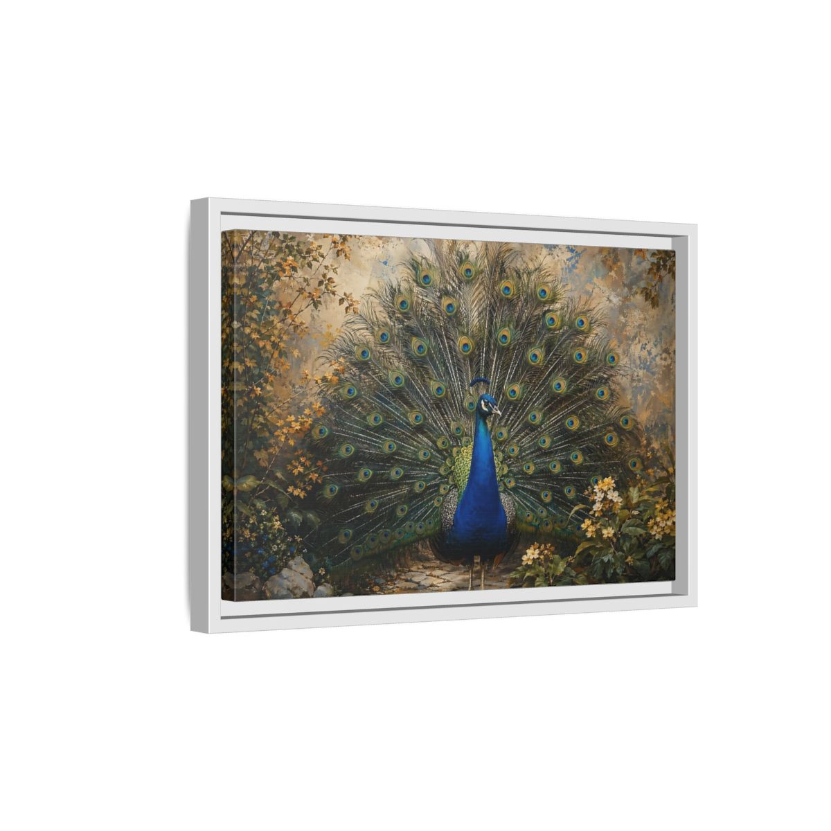 Side Mockup 4. Birds Peacock Peacock Blue Gold shown as stretched canvas wall art