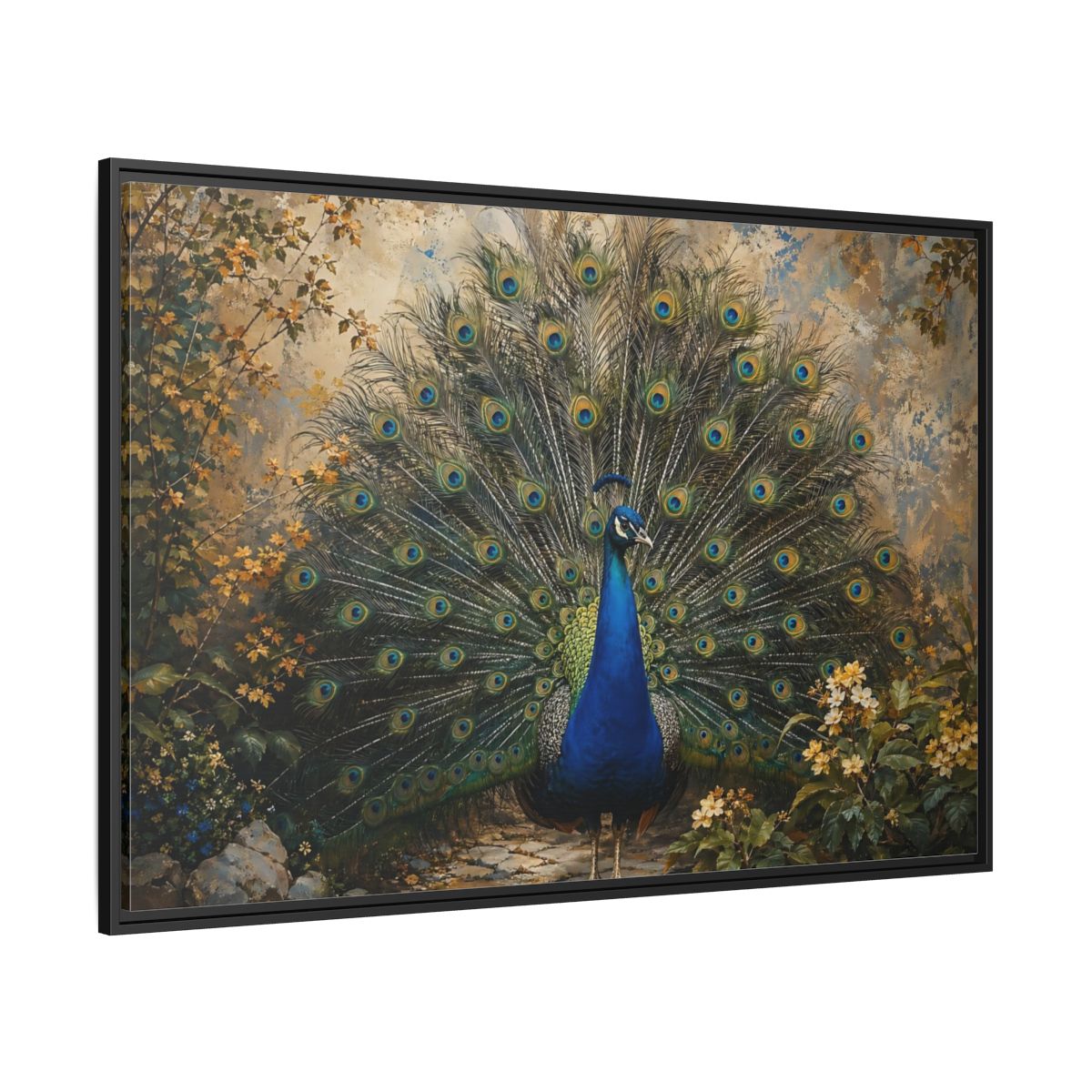 Side Mockup 12. Birds Peacock Peacock Blue Gold shown as stretched canvas wall art