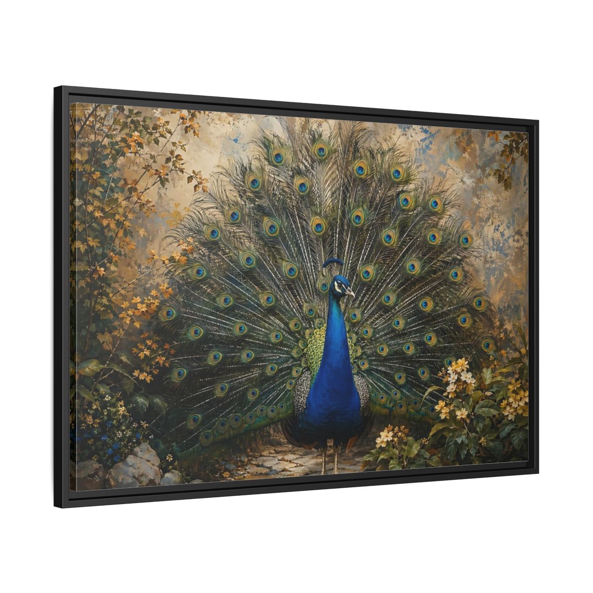 Side Mockup 13. Birds Peacock Peacock Blue Gold shown as stretched canvas wall art