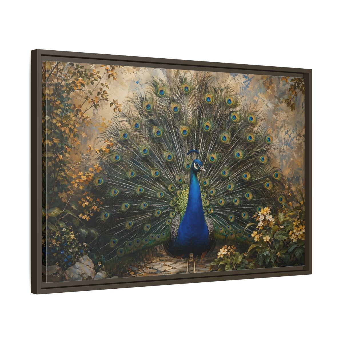 Side Mockup 11. Birds Peacock Peacock Blue Gold shown as stretched canvas wall art