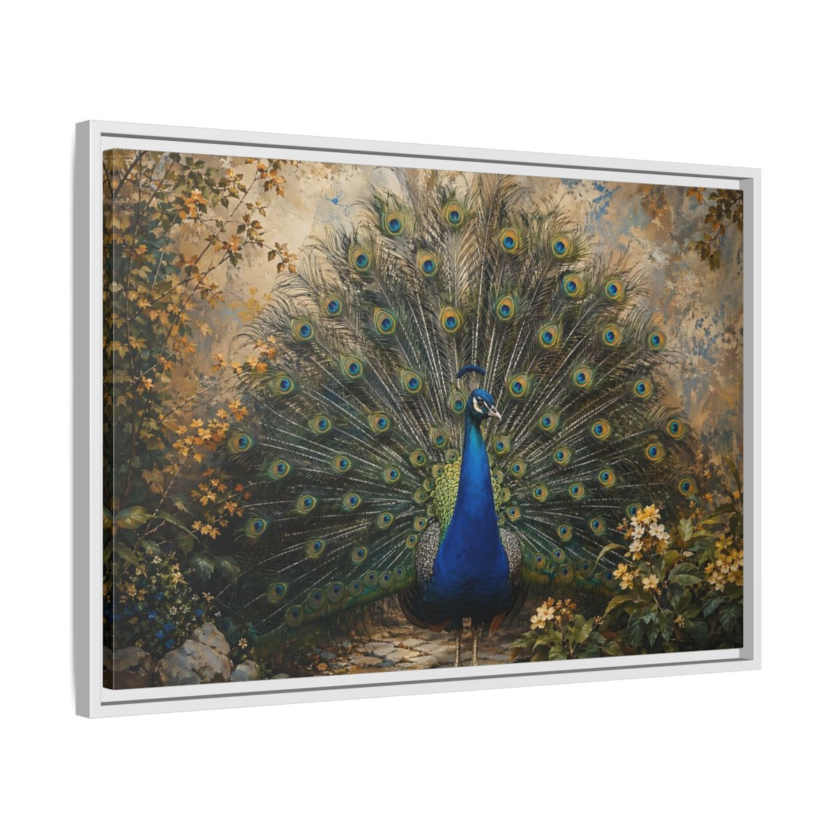 Side Mockup 10. Birds Peacock Peacock Blue Gold shown as stretched canvas wall art