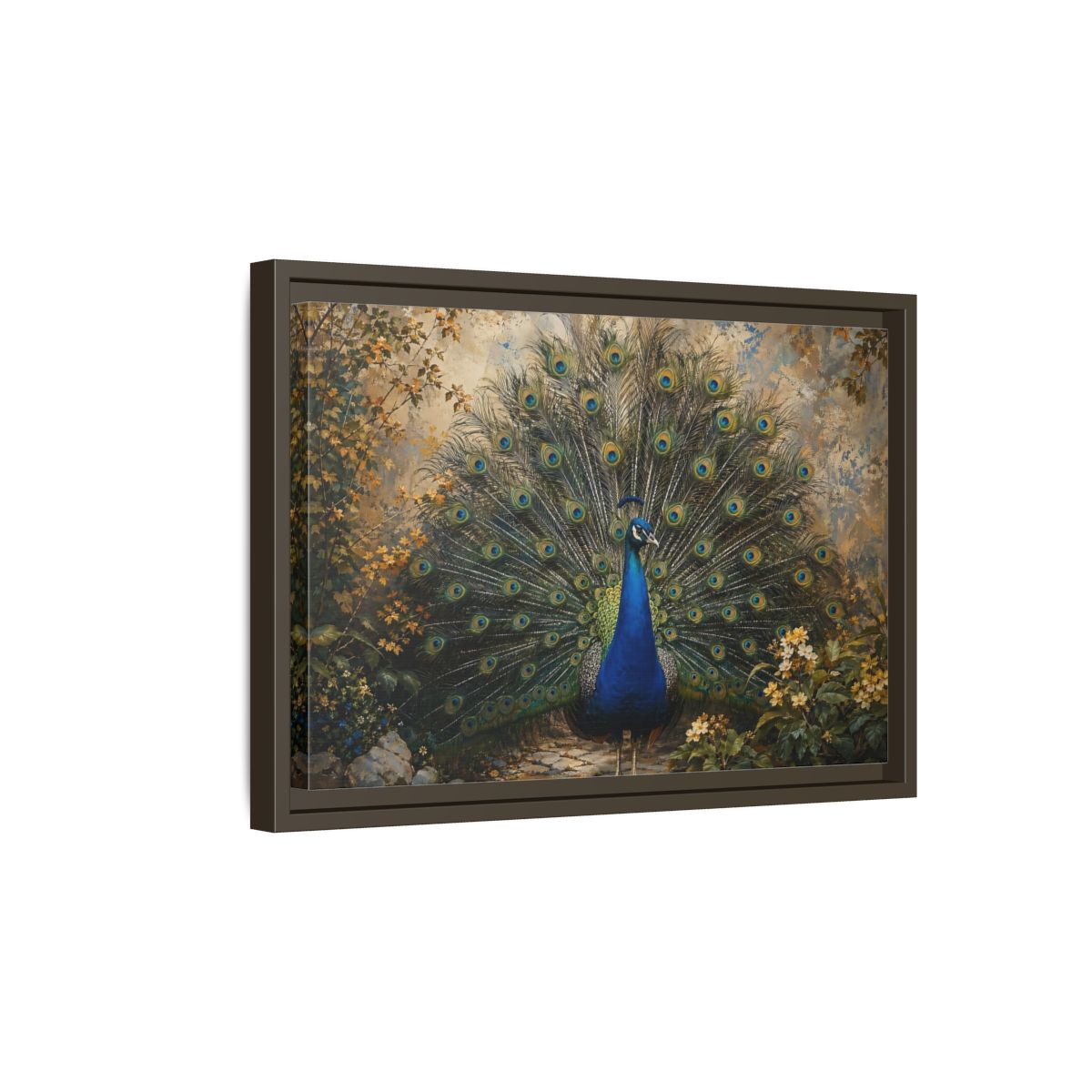Side Mockup 5. Birds Peacock Peacock Blue Gold shown as stretched canvas wall art