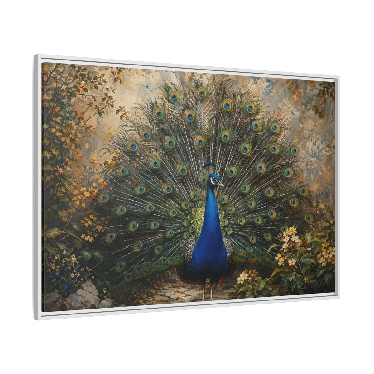 Side Mockup 7. Birds Peacock Peacock Blue Gold shown as stretched canvas wall art