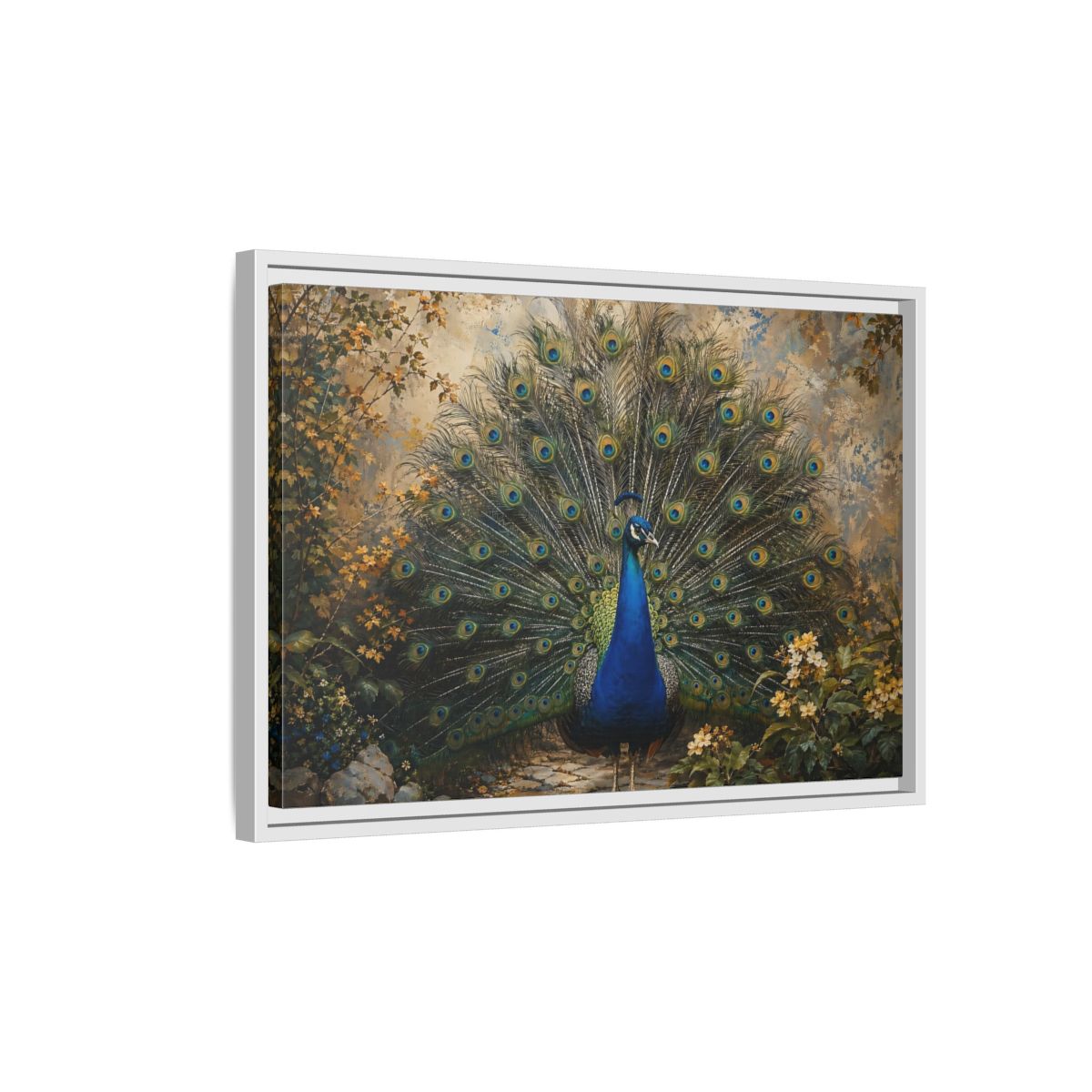 Side Mockup 1. Birds Peacock Peacock Blue Gold shown as stretched canvas wall art