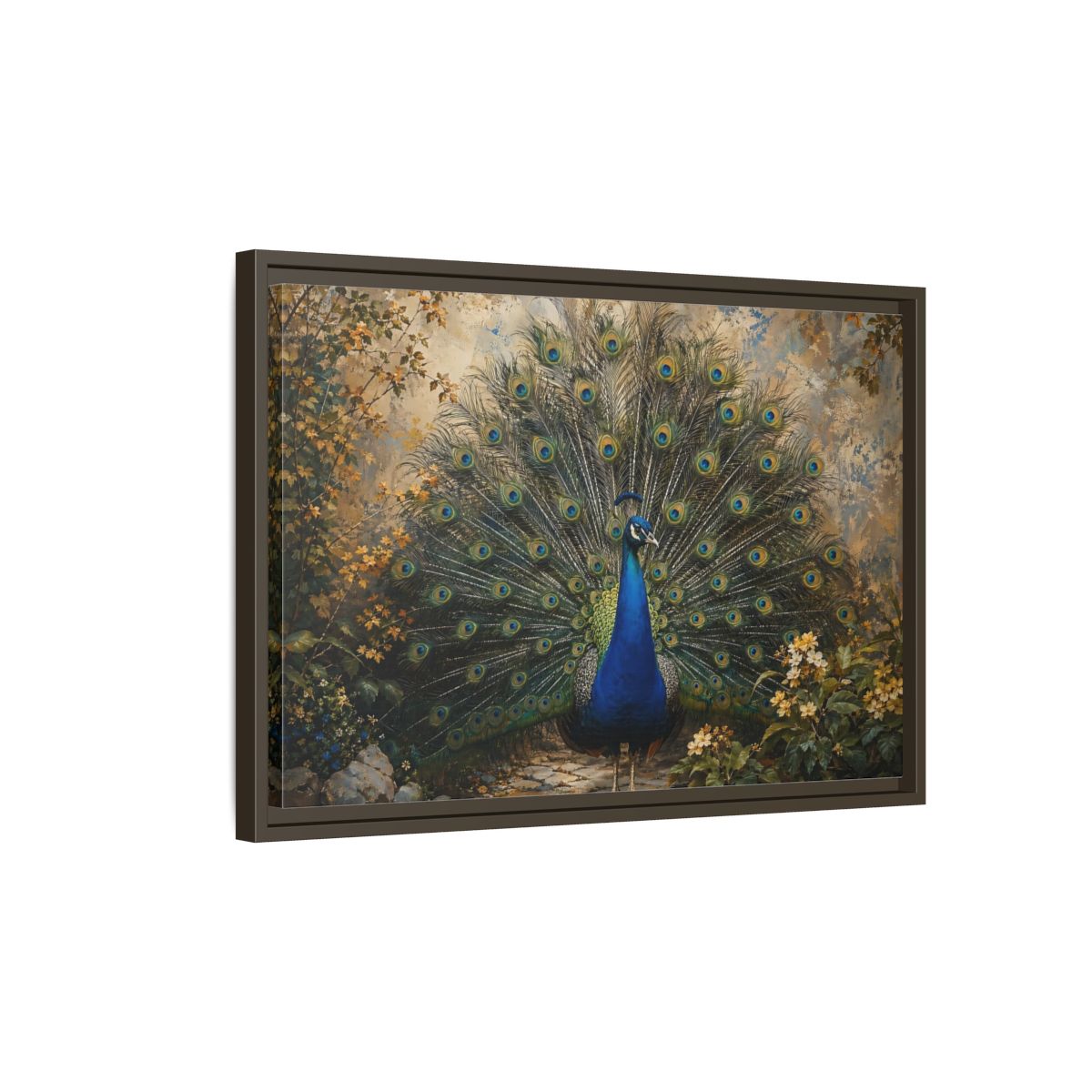 Side Mockup 2. Birds Peacock Peacock Blue Gold shown as stretched canvas wall art