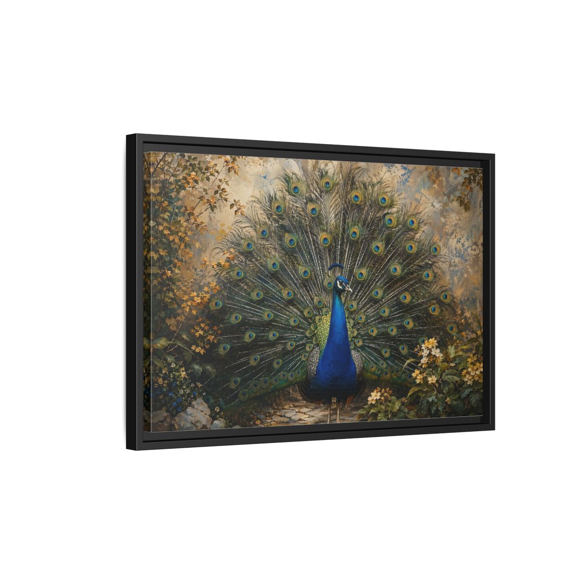 Side Mockup 3. Birds Peacock Peacock Blue Gold shown as stretched canvas wall art