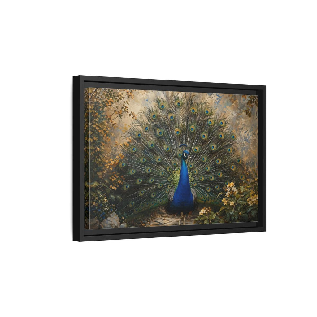 Side Mockup 6. Birds Peacock Peacock Blue Gold shown as stretched canvas wall art
