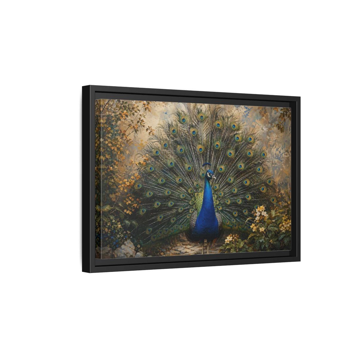 Side Mockup 6. Birds Peacock Peacock Blue Gold shown as stretched canvas wall art
