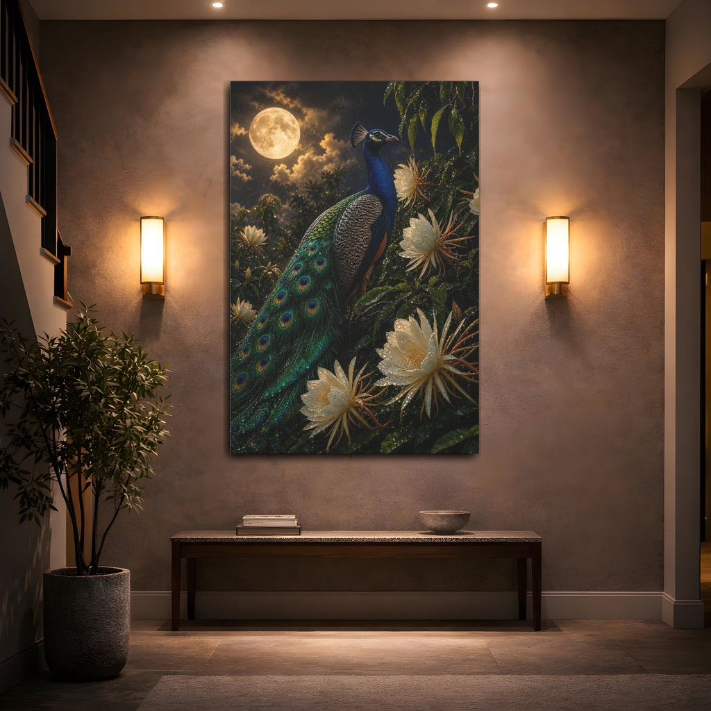 Mockup 2. Birds Peacock Peacock Blue And Green shown as stretched canvas wall art
