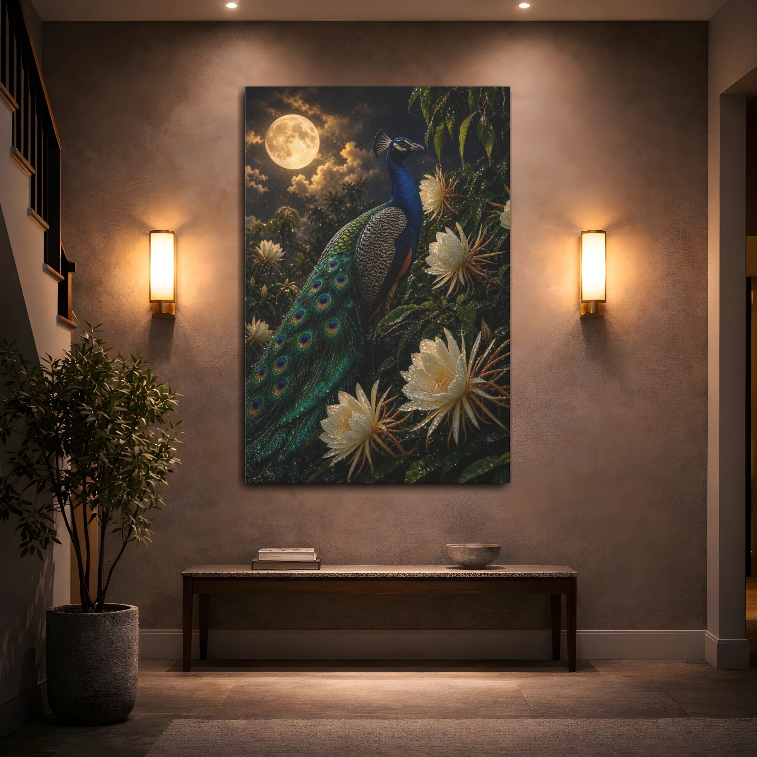 Mockup 2. Birds Peacock Peacock Blue And Green shown as stretched canvas wall art