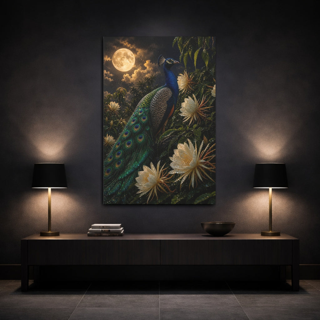 Mockup 3. Birds Peacock Peacock Blue And Green shown as stretched canvas wall art