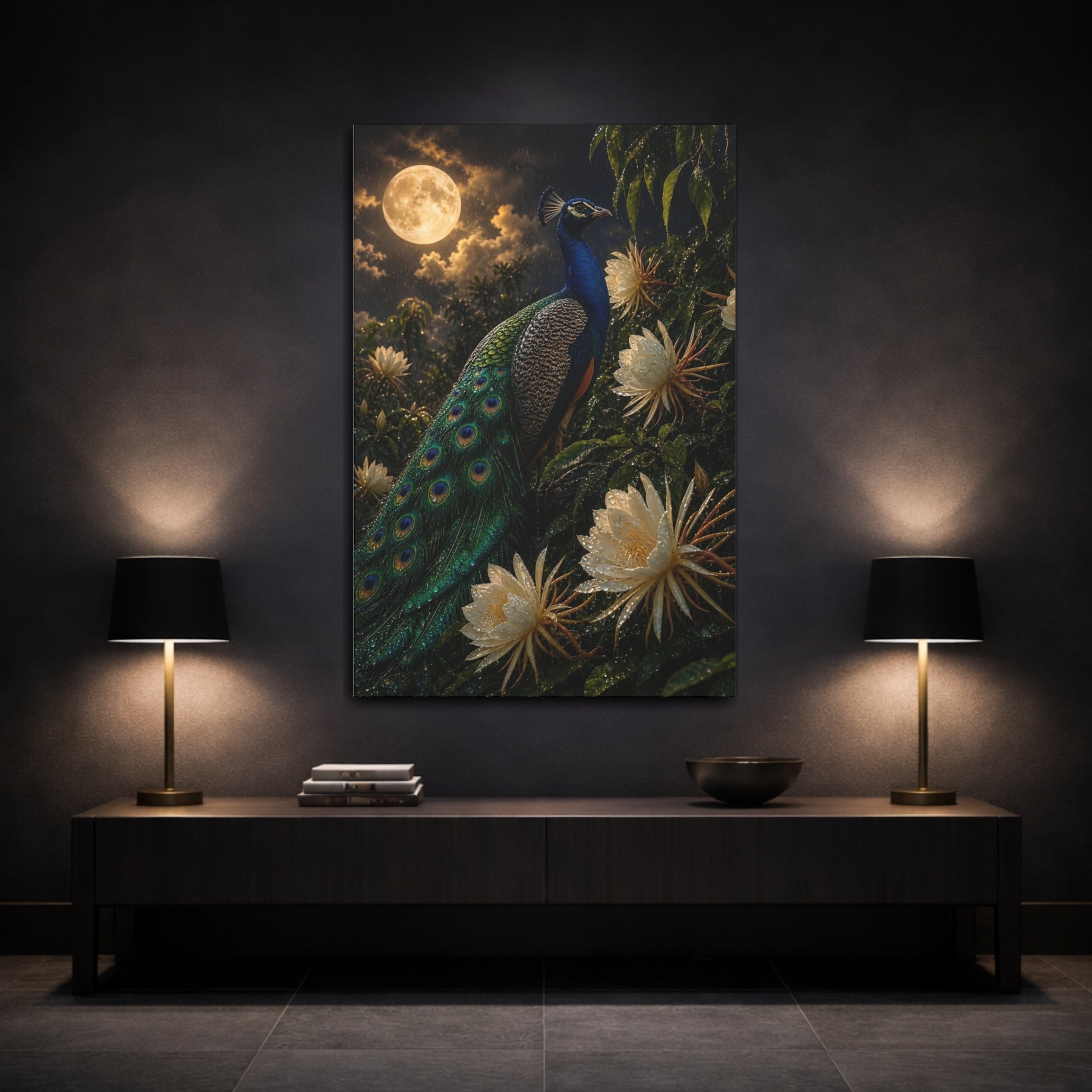 Mockup 3. Birds Peacock Peacock Blue And Green shown as stretched canvas wall art