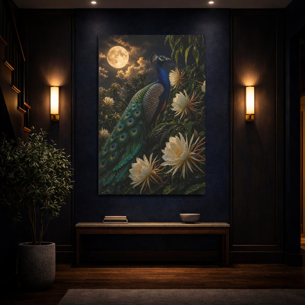 Mockup 4. Birds Peacock Peacock Blue And Green shown as stretched canvas wall art