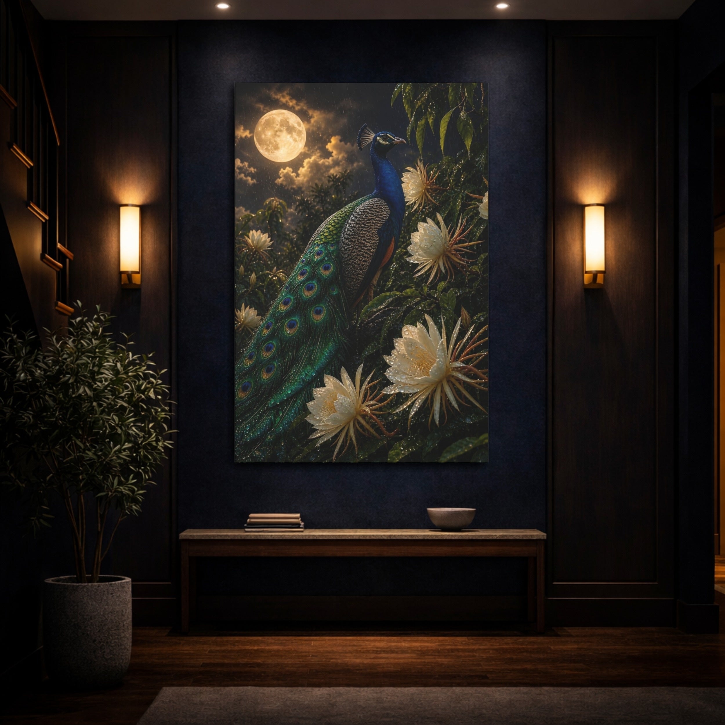 Mockup 4. Birds Peacock Peacock Blue And Green shown as stretched canvas wall art