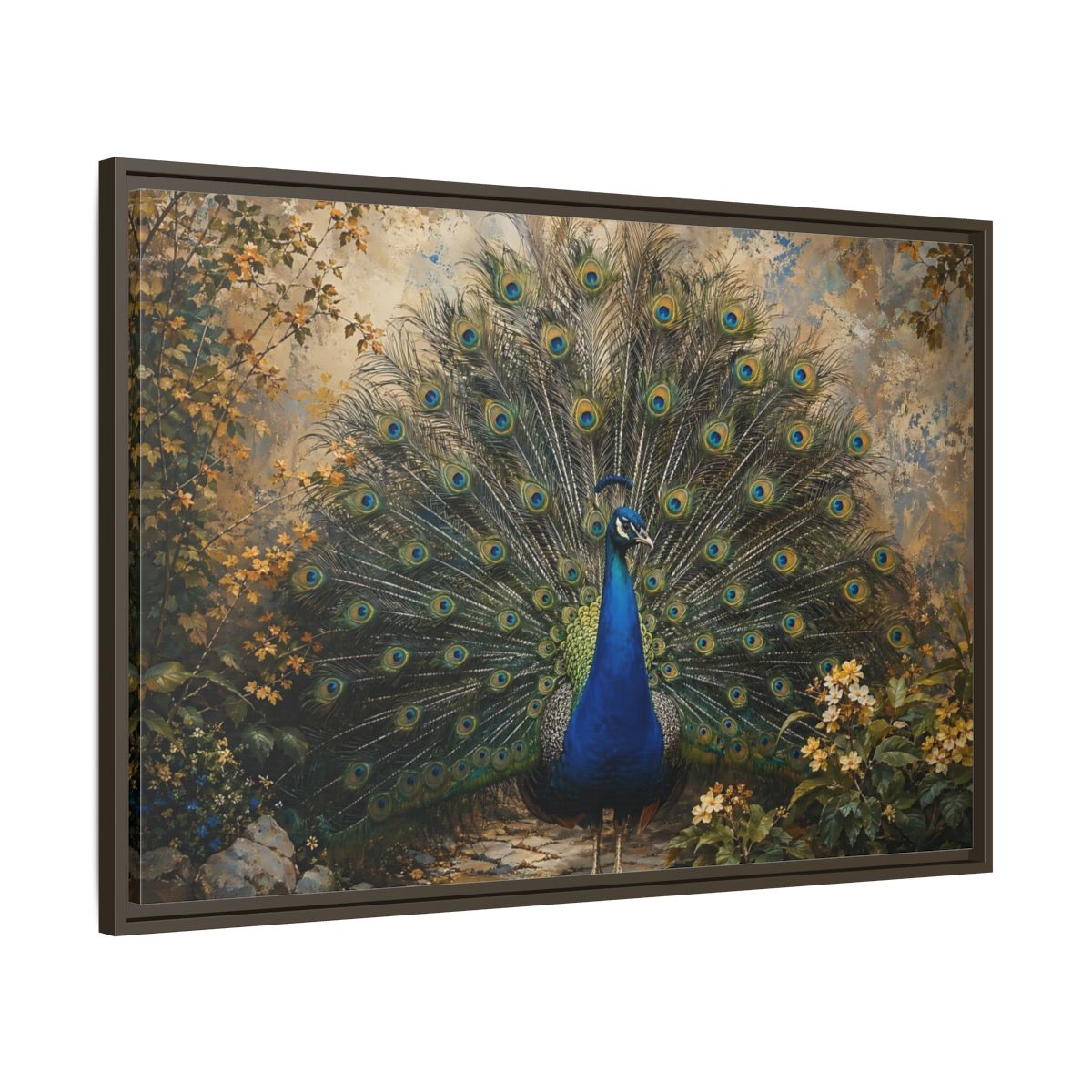 Main Mockup. Birds Peacock Peacock Blue Gold shown as stretched canvas wall art