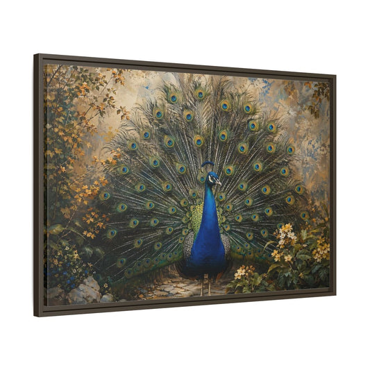 Main Mockup. Birds Peacock Peacock Blue Gold shown as stretched canvas wall art