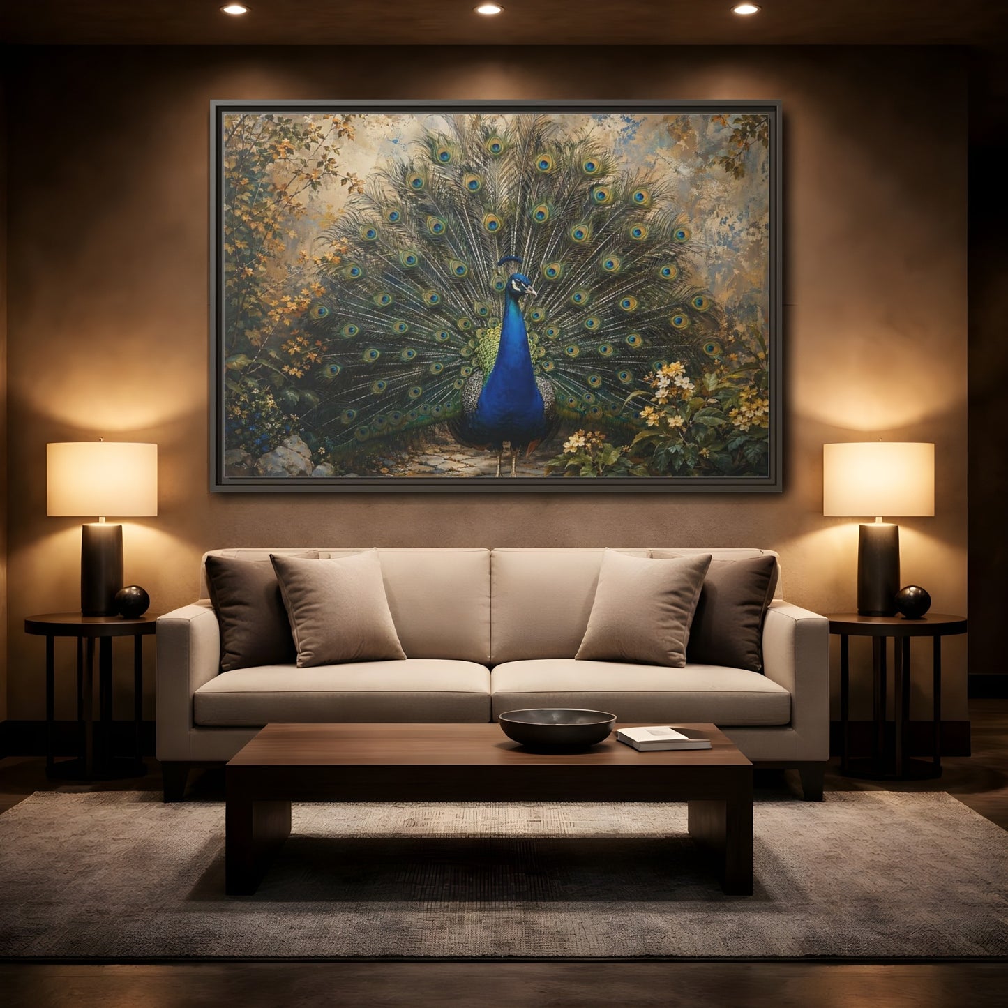 Mockup 2. Birds Peacock Peacock Blue Gold shown as stretched canvas wall art