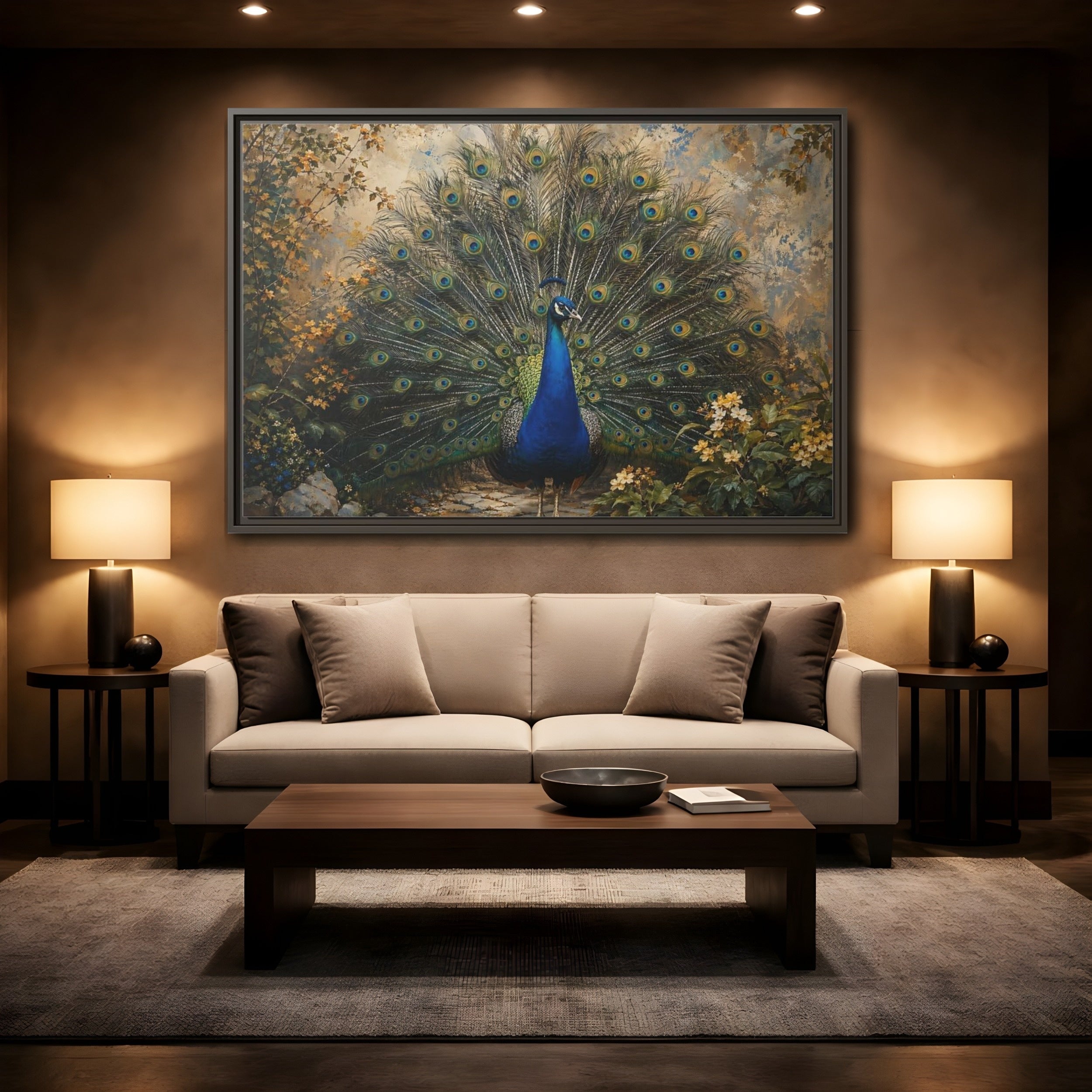 Mockup 2. Birds Peacock Peacock Blue Gold shown as stretched canvas wall art
