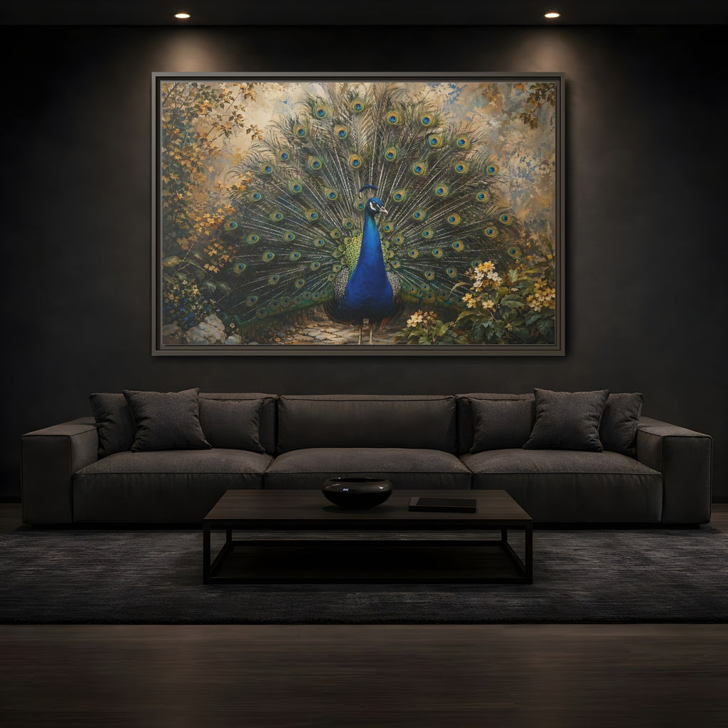 Mockup 3. Birds Peacock Peacock Blue Gold shown as stretched canvas wall art