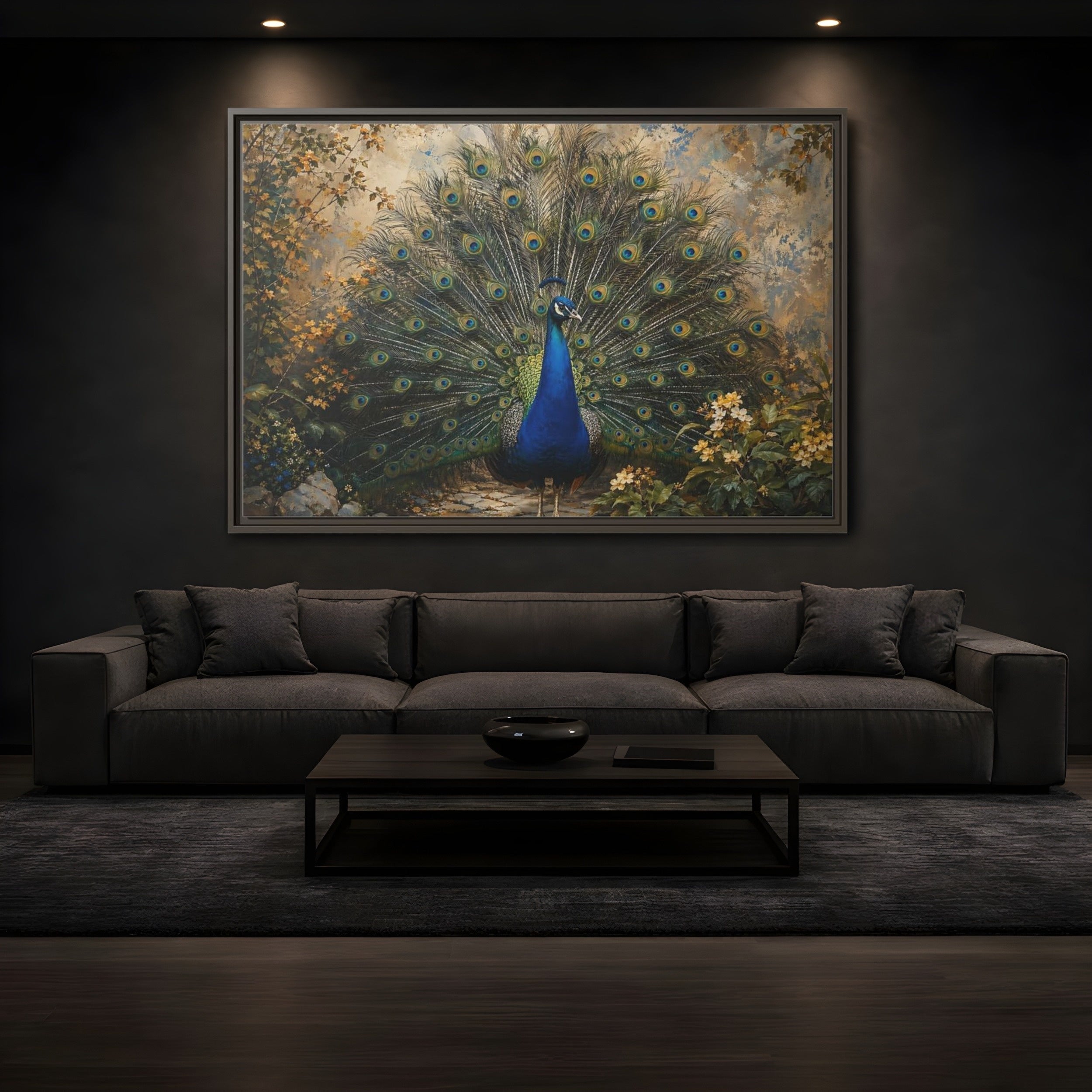 Mockup 3. Birds Peacock Peacock Blue Gold shown as stretched canvas wall art