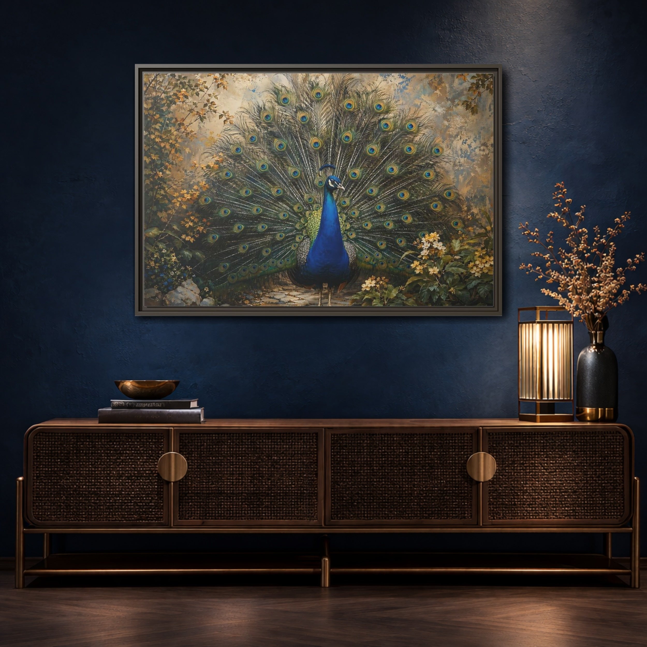 Mockup 4. Birds Peacock Peacock Blue Gold shown as stretched canvas wall art
