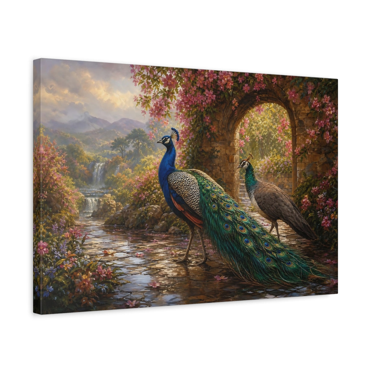Side Mockup 3. Birds Peacocks Peacock Garden shown as stretched canvas wall art