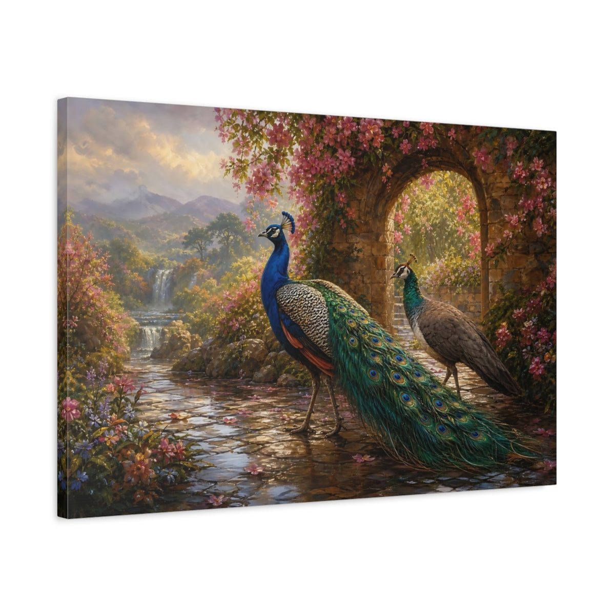 Side Mockup 2. Birds Peacocks Peacock Garden shown as stretched canvas wall art