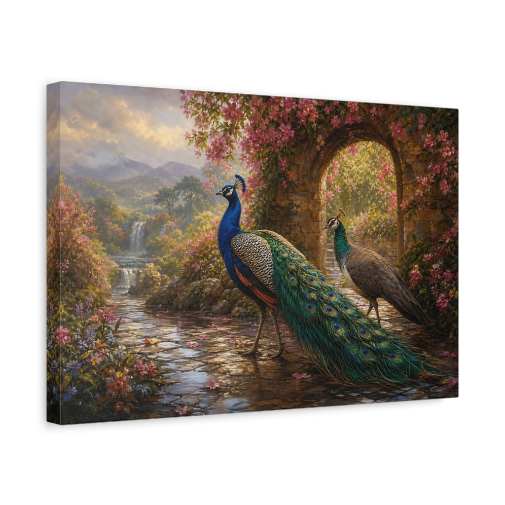 Side Mockup 4. Birds Peacocks Peacock Garden shown as stretched canvas wall art
