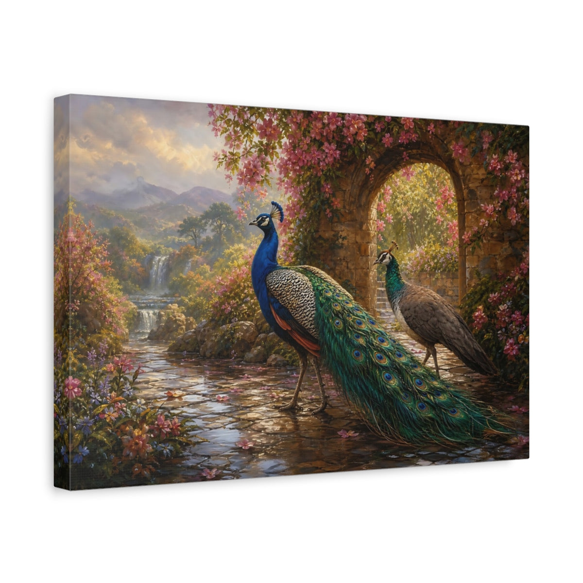 Side Mockup 4. Birds Peacocks Peacock Garden shown as stretched canvas wall art