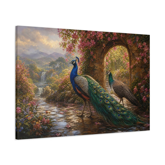 Main Mockup. Birds Peacocks Peacock Garden shown as stretched canvas wall art