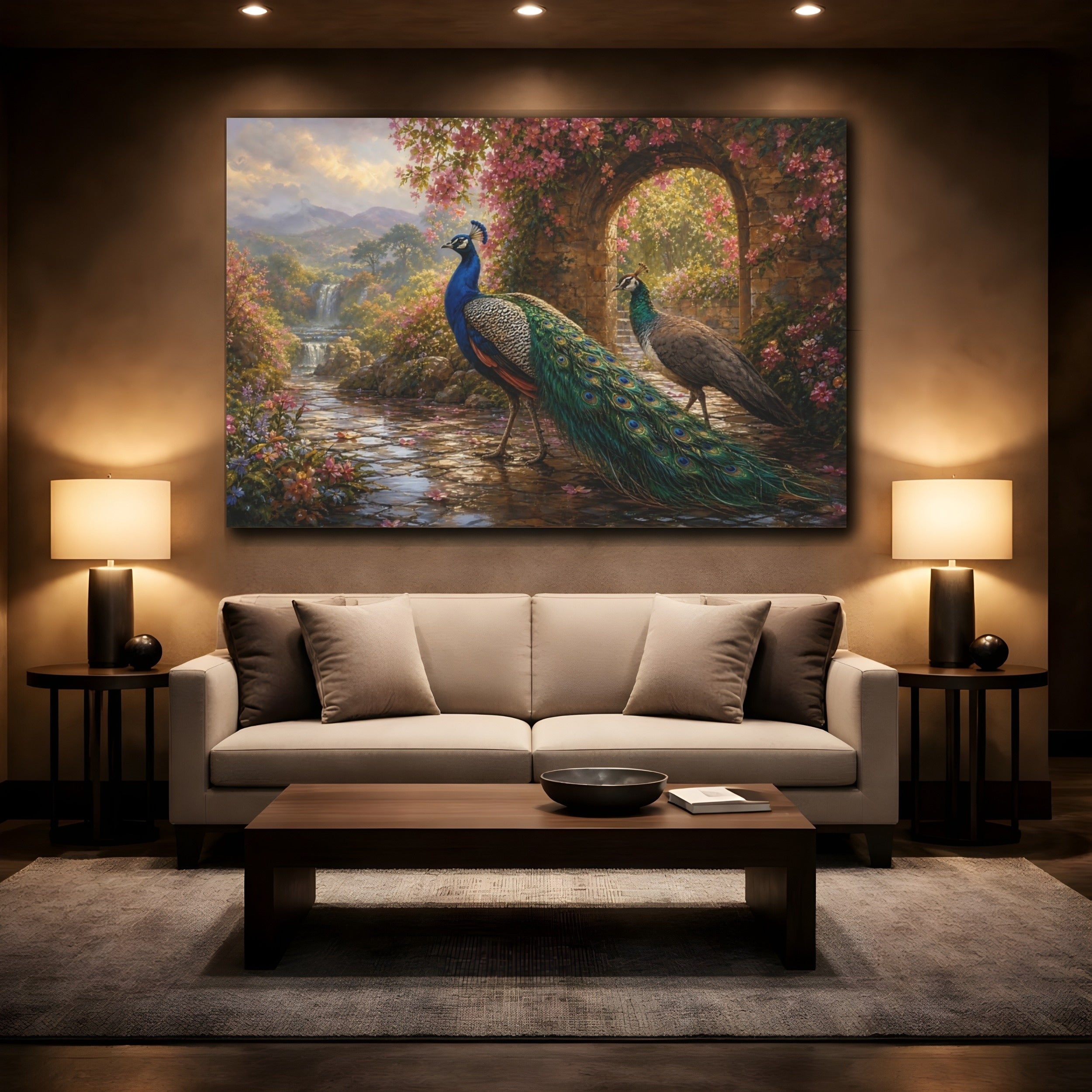 Mockup 2. Birds Peacocks Peacock Garden shown as stretched canvas wall art