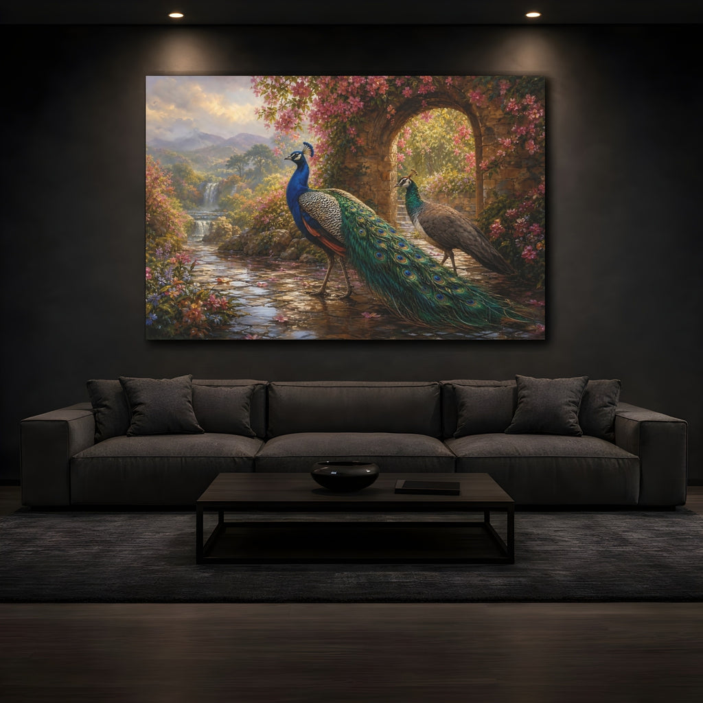 Mockup 3. Birds Peacocks Peacock Garden shown as stretched canvas wall art