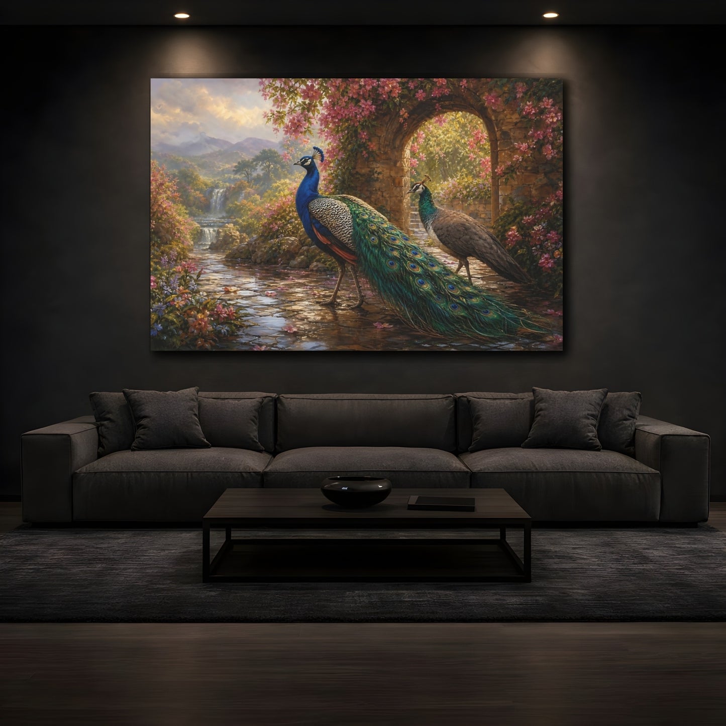 Mockup 3. Birds Peacocks Peacock Garden shown as stretched canvas wall art