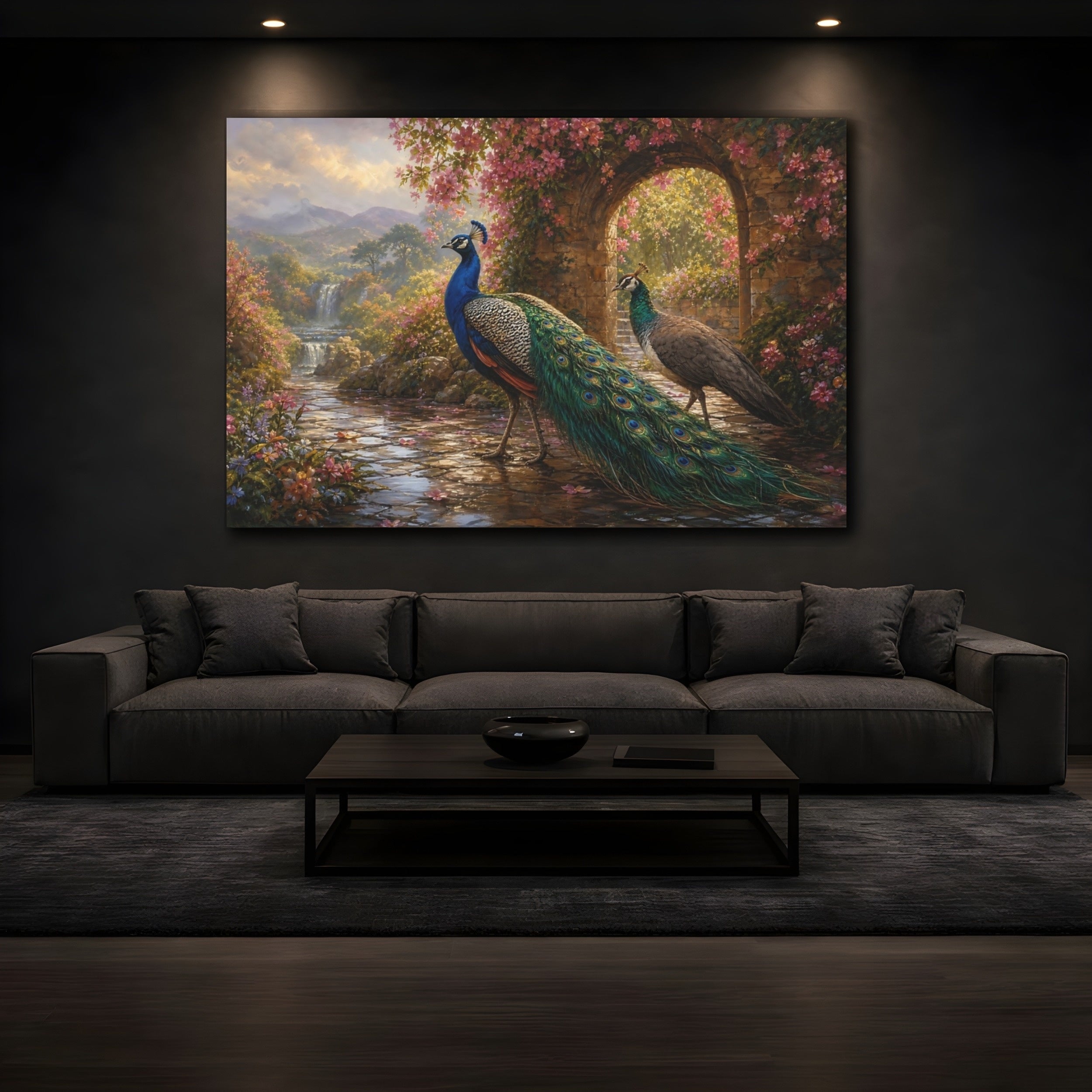 Mockup 3. Birds Peacocks Peacock Garden shown as stretched canvas wall art