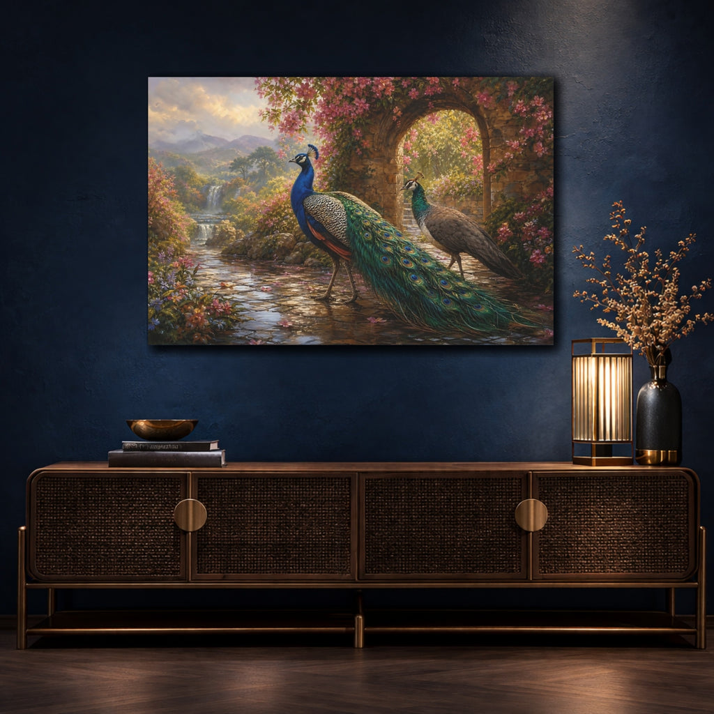 Mockup 4. Birds Peacocks Peacock Garden shown as stretched canvas wall art