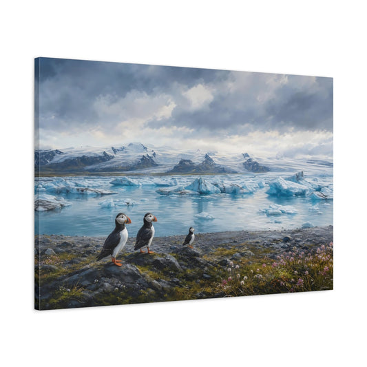 Main Mockup. Birds Puffins Blue And White shown as stretched canvas wall art