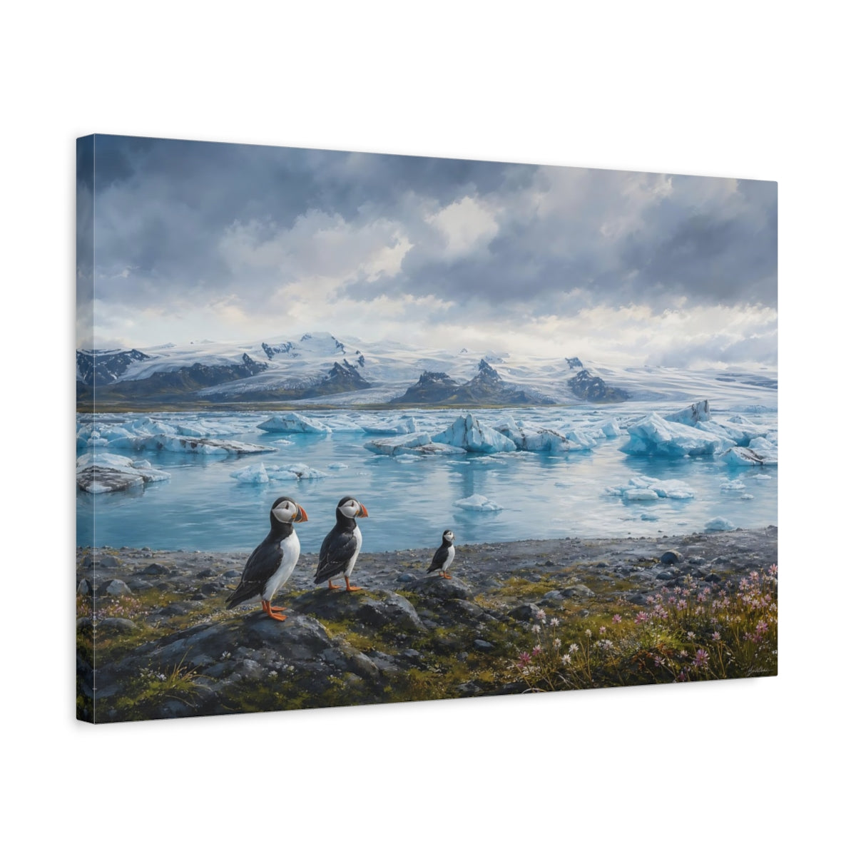 Side Mockup 3. Birds Puffins Blue And White shown as stretched canvas wall art